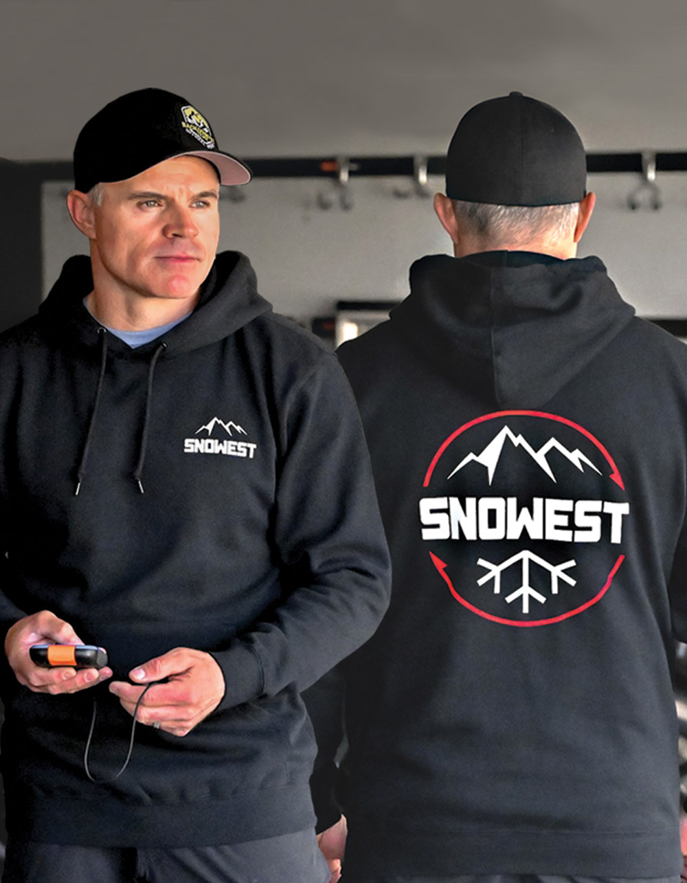 man wearing a SnoWest hoodie showing the front and back