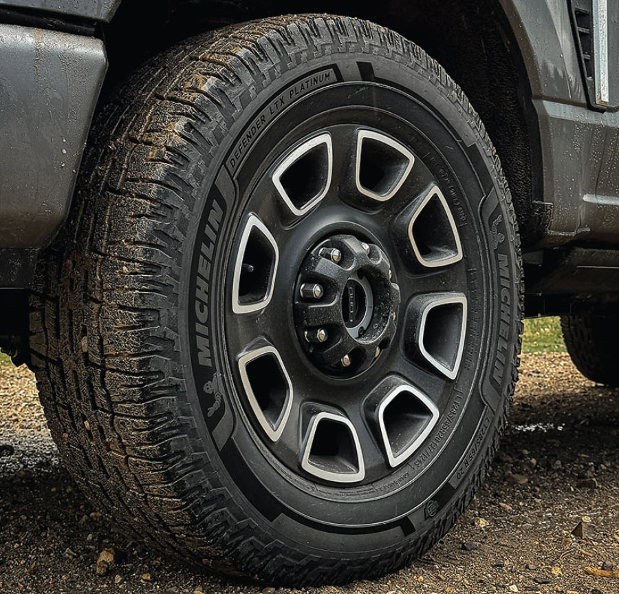 closeup of tire tread and rim